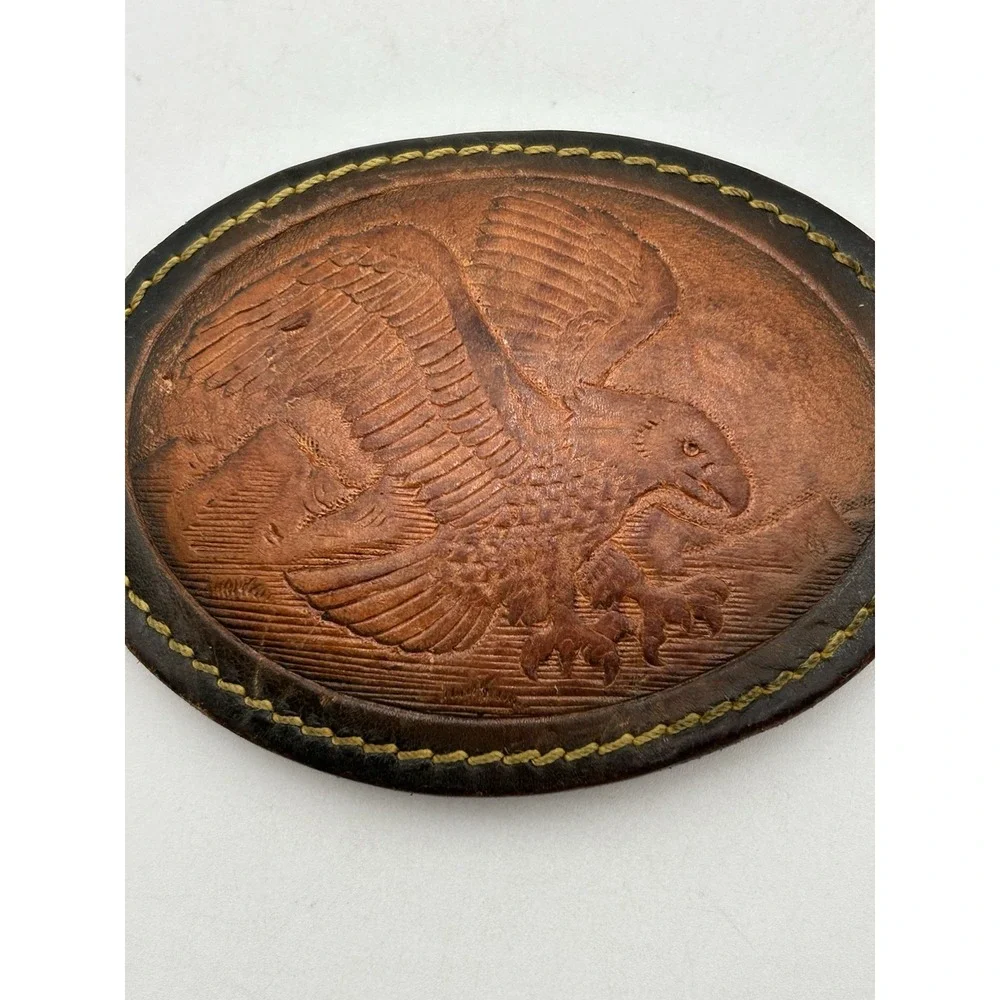Vintage Tooled Embossed Leather Bald Eagle Belt Buckle Handcrafted 3.75